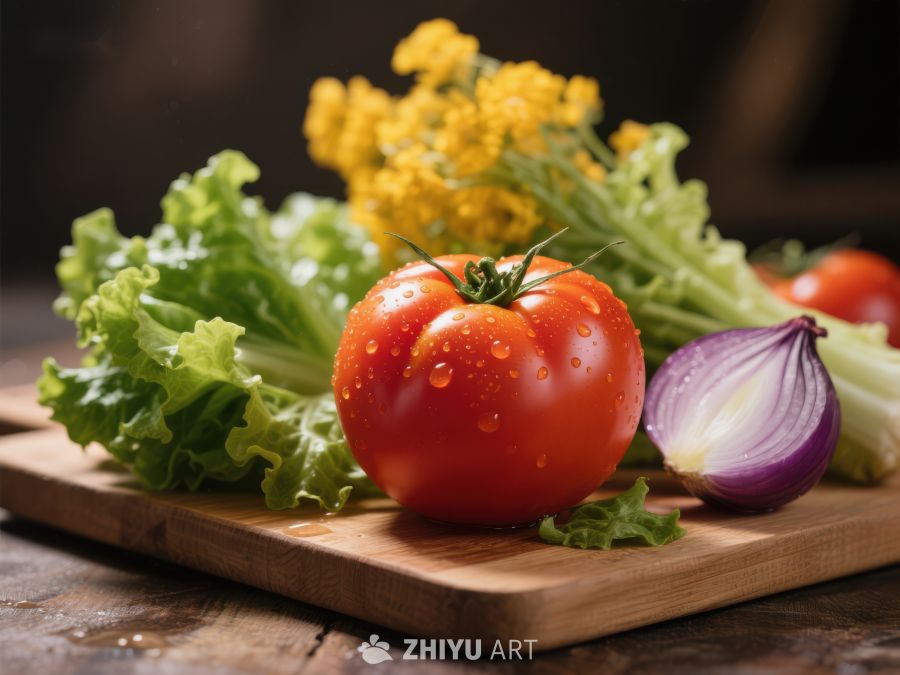 新鲜蔬菜静物：番茄、洋葱与生菜 640