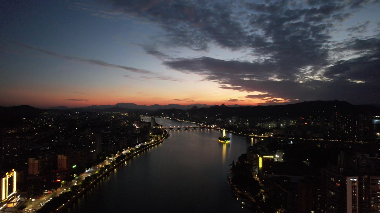 广东韶关晚霞夜幕降临航拍