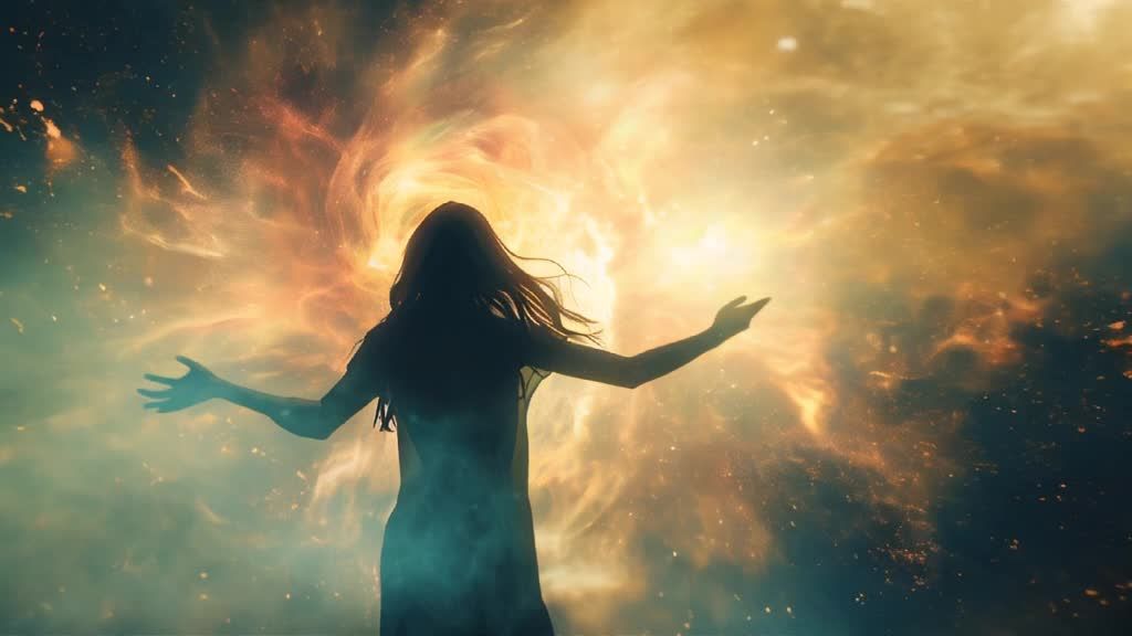一个女人张开双臂，她的长发飘动。背景是星星和云的图