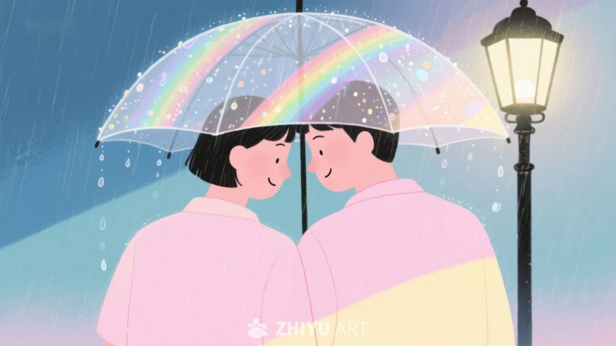 雨中彩虹伞下的情侣 626