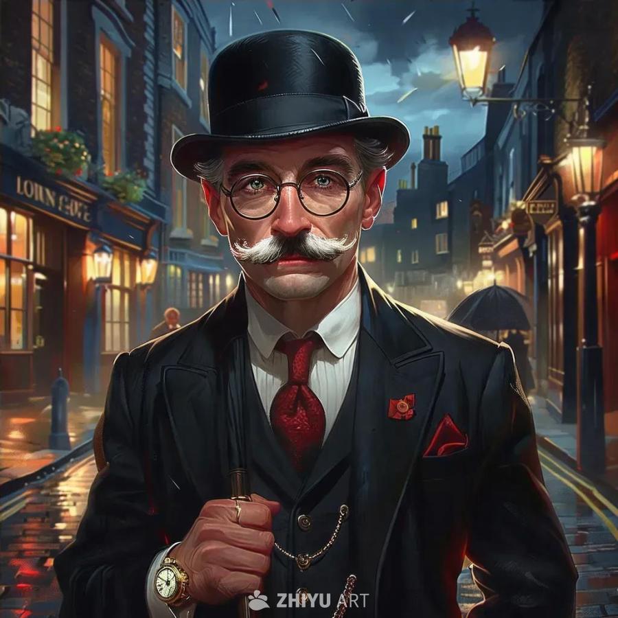 一位中年英国绅士，身材略显健硕，面容瘦削，略带皱纹