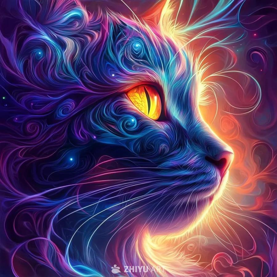 一只猫的侧面轮廓，眼睛是黄色的，身体由蓝色、紫色和
