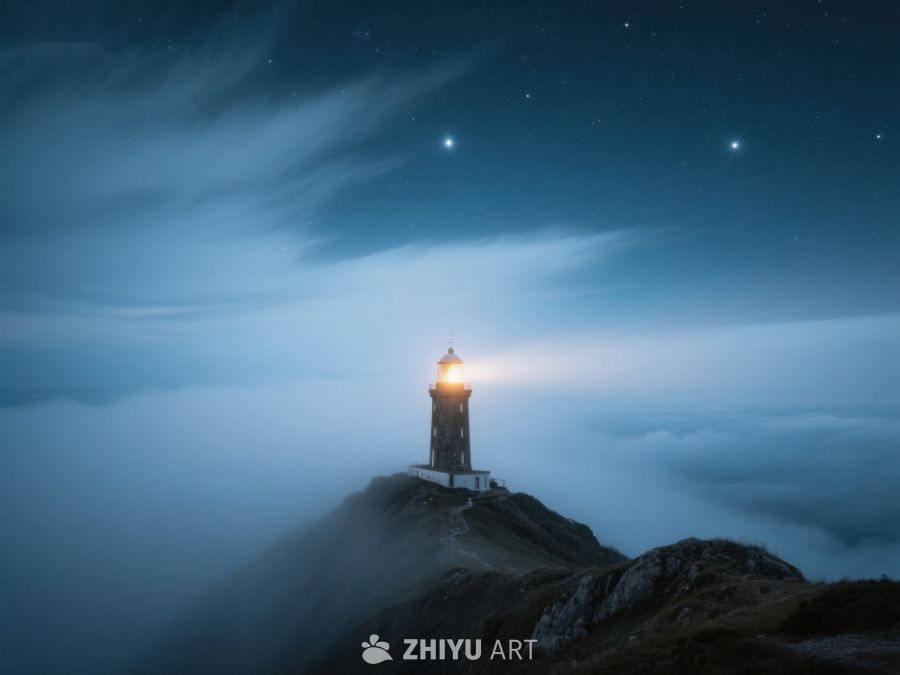 夜幕下的灯塔照亮云海 424