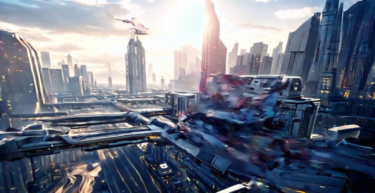 未来都市交通网络：3D渲染的科幻场景