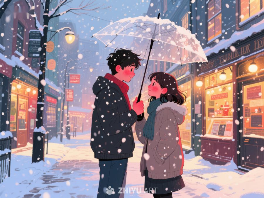 雪夜街头，伞下情侣温馨相依 881