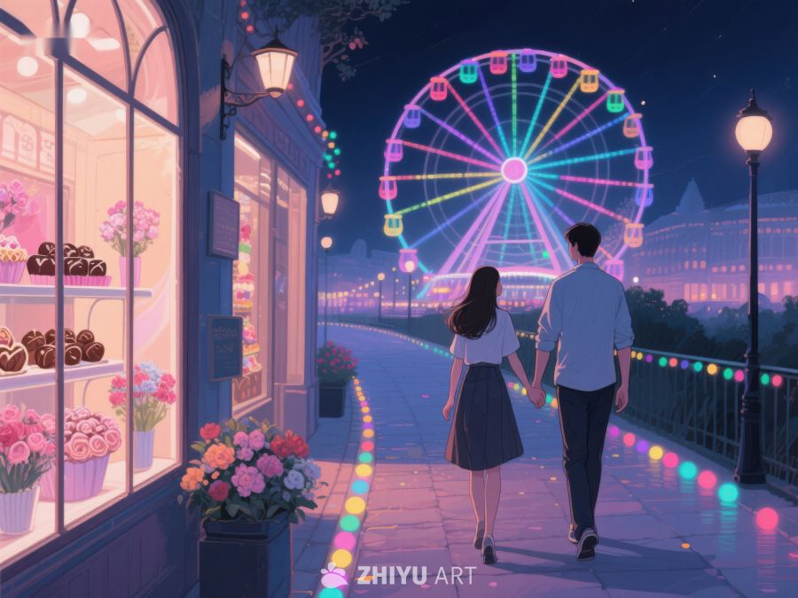 夜景下的摩天轮与漫步情侣 1012