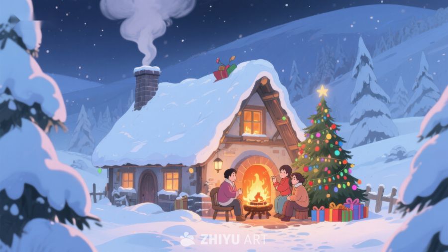 冬夜雪景中的温馨家庭聚会 126