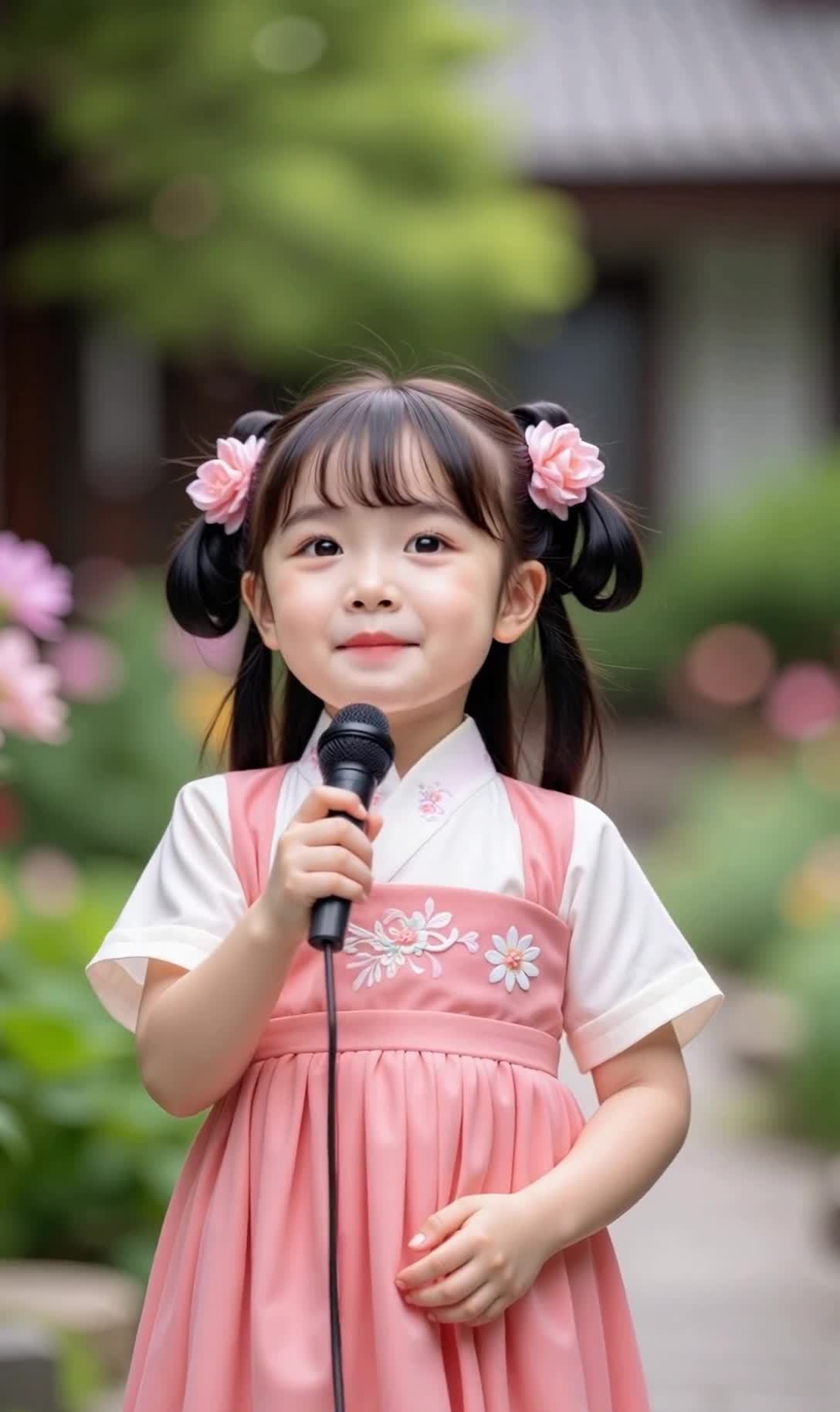 手拿麦克风的可爱小女孩，户外粉色系装扮。