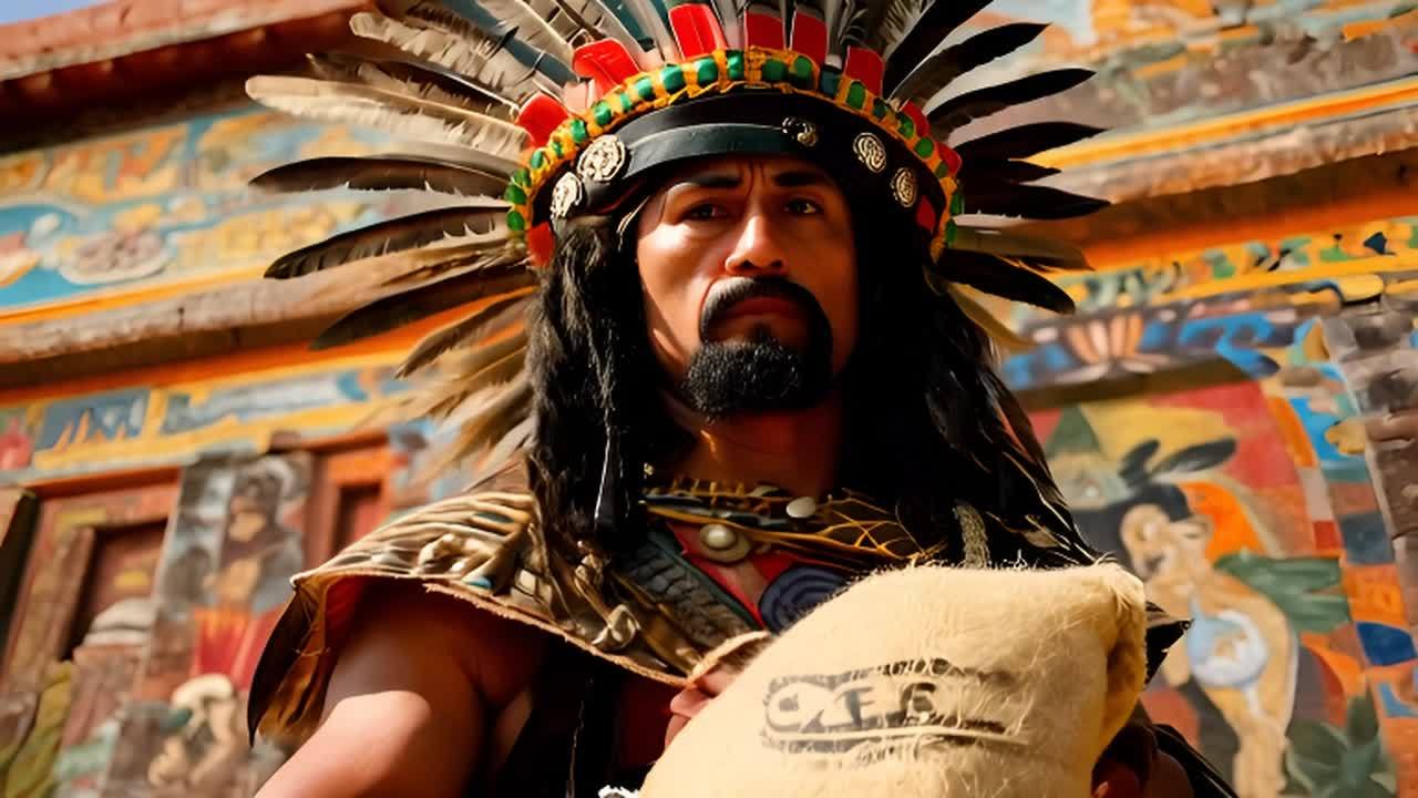 一位头戴精美羽毛头饰的古代阿兹特克男子，手持一个印