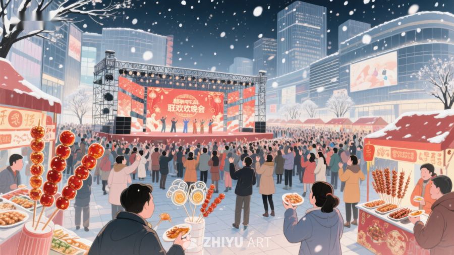 冬夜广场庆典，人群欢聚共享美食 191