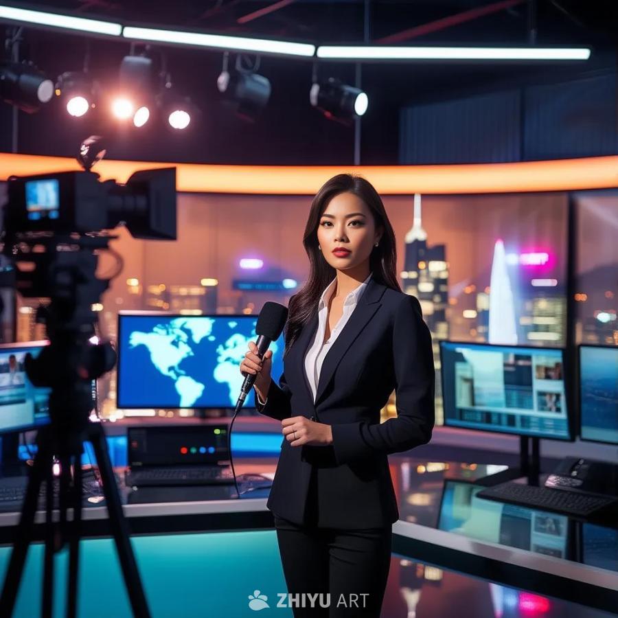 一位穿着时髦的女记者自信地站在一个现代化的新闻演播