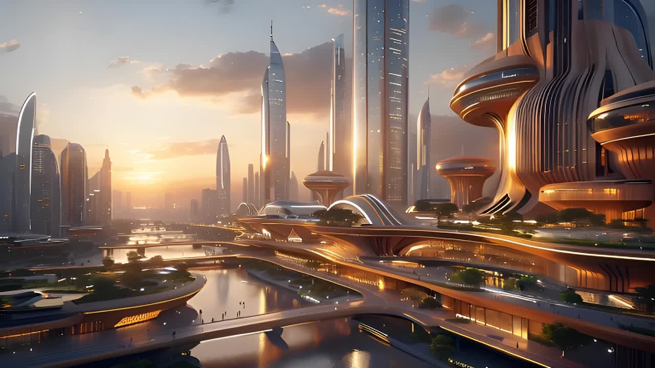 一个未来主义的城市景观，高耸的摩天大楼和现代建筑林