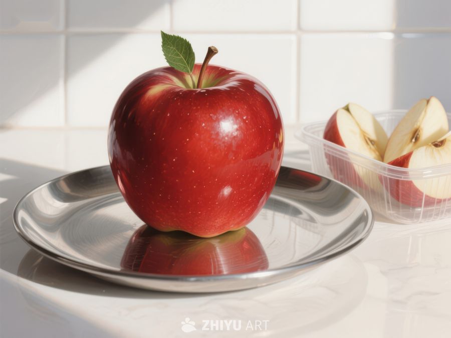 红苹果置于金属盘旁配切片 132
