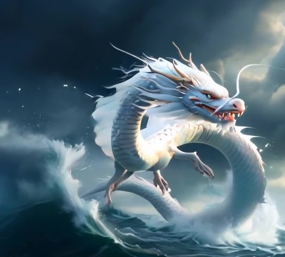海面盘旋的白龙：红眼利齿，乌云下的神秘生物