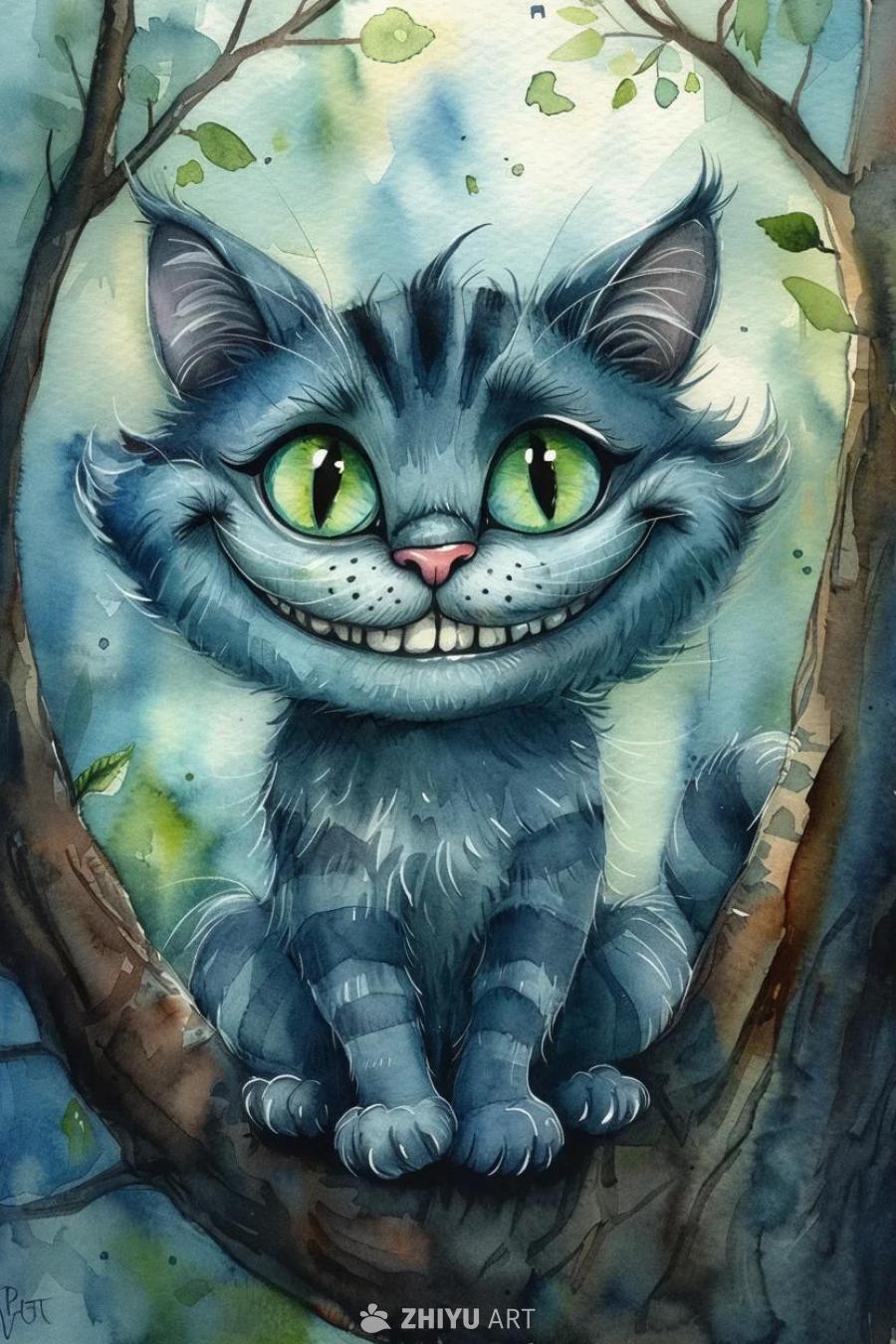 一只卡通风格的柴郡猫，长着大大的笑容和鲜绿色的眼睛
