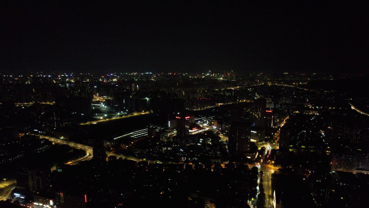 浙江杭州城市夜景灯光交通车两行驶航拍 