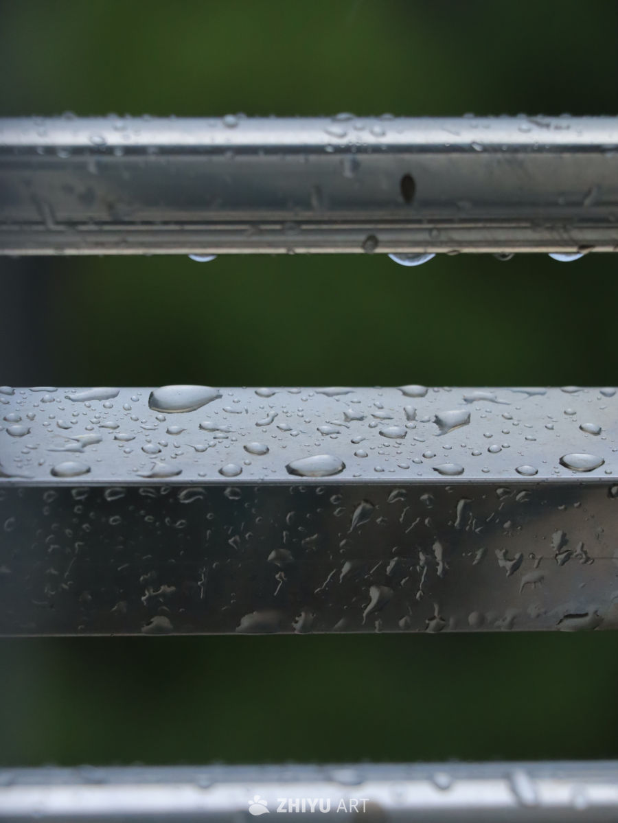 雨后挂满雨珠的铁栏杆