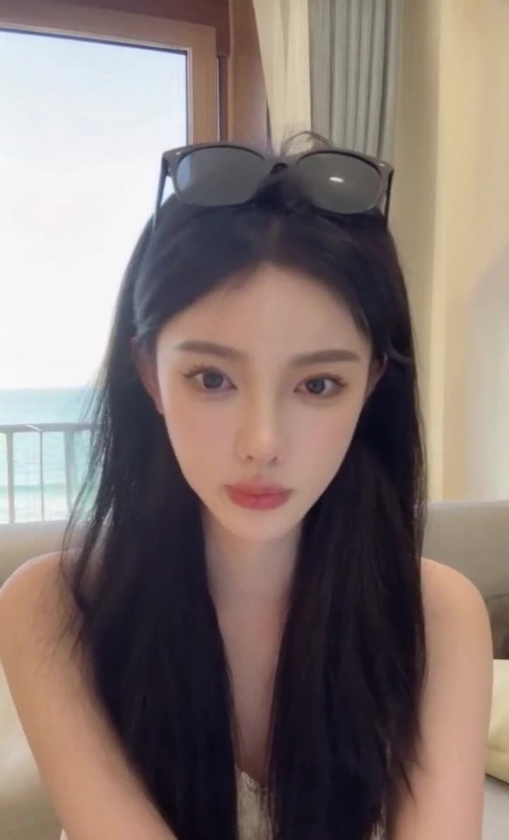 戴太阳镜的黑发美女在室内，背景是海景。