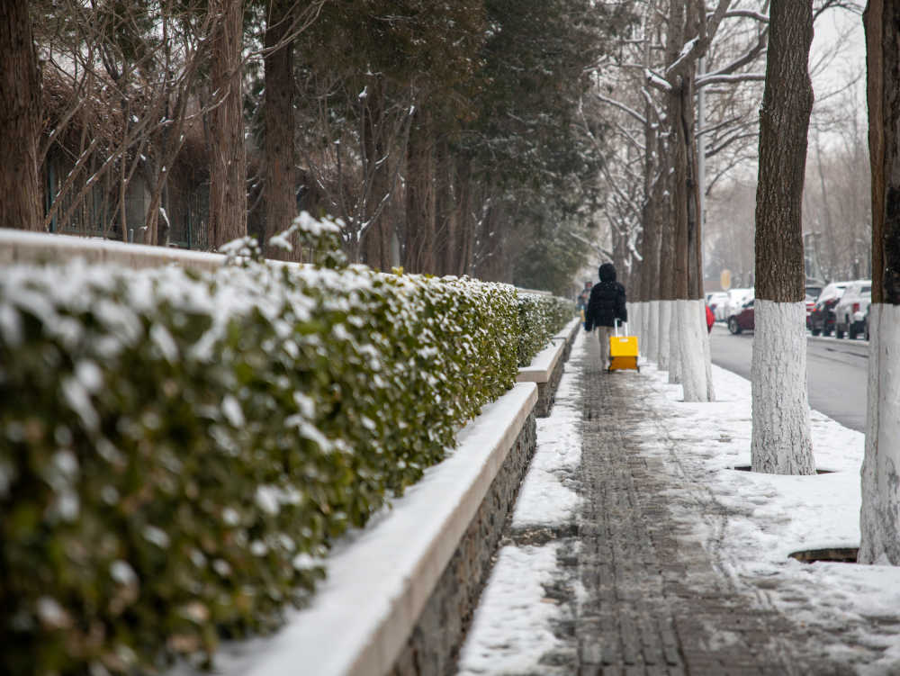 雪后一人独自行驶在长长的街道