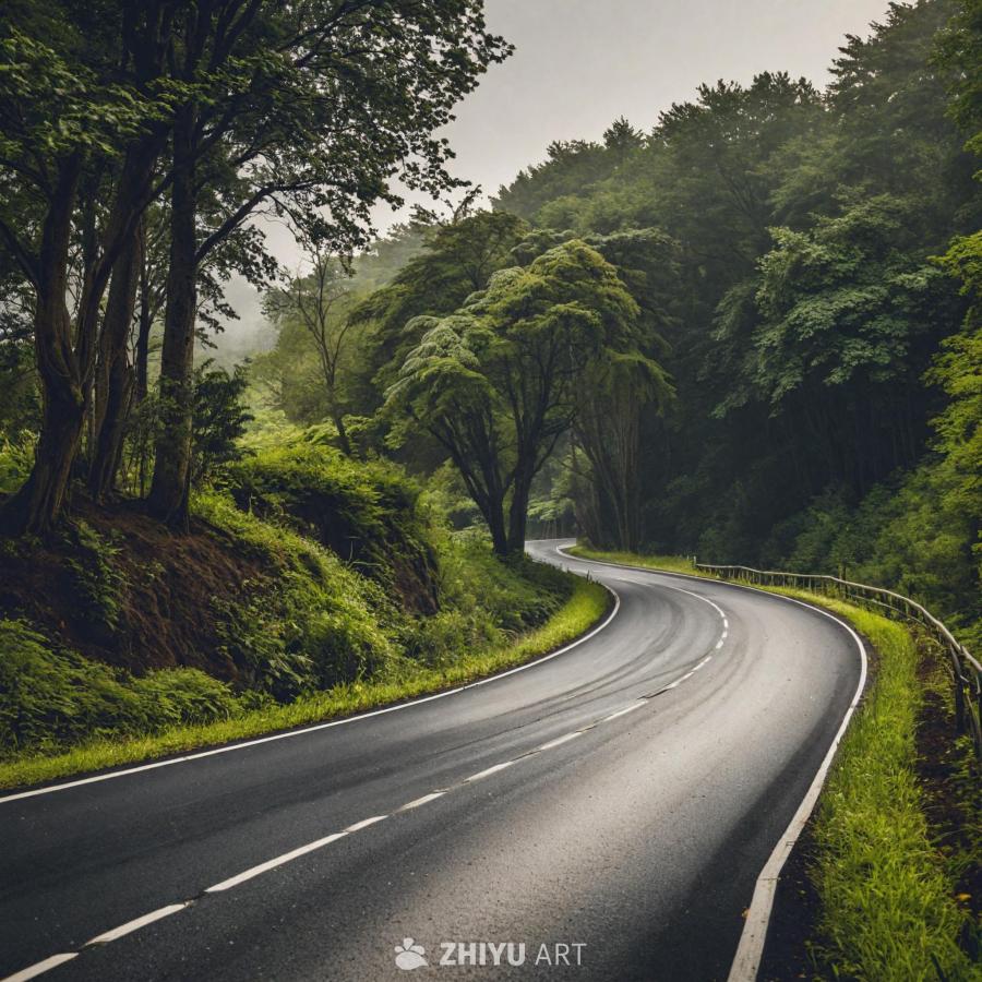蜿蜒的道路被树木环绕，营造出一种深度感和宁静感。道