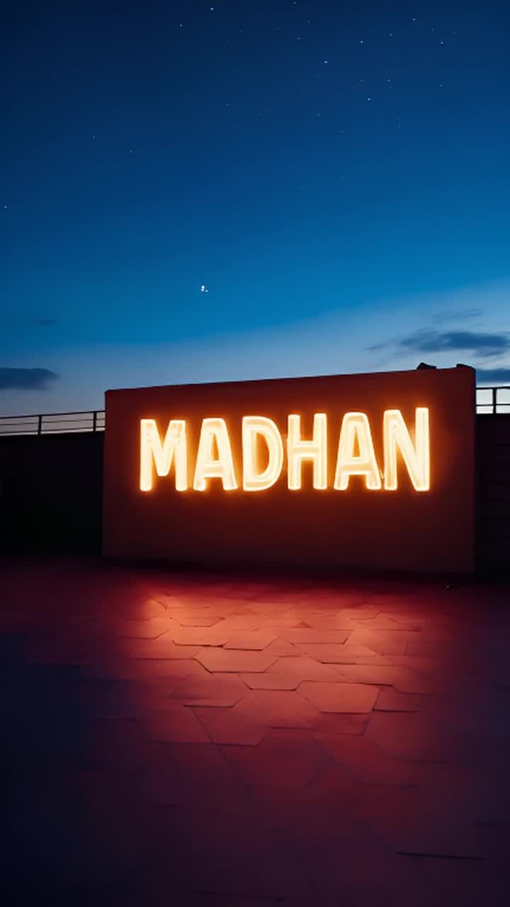 夜间，一块草坪地砖上，一个发光的灯牌上显示着“MA