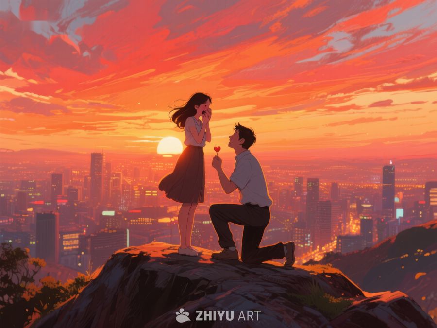 山顶求婚，夕阳映照城市美景 628