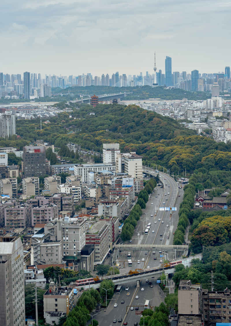 货运火车穿过武汉都市