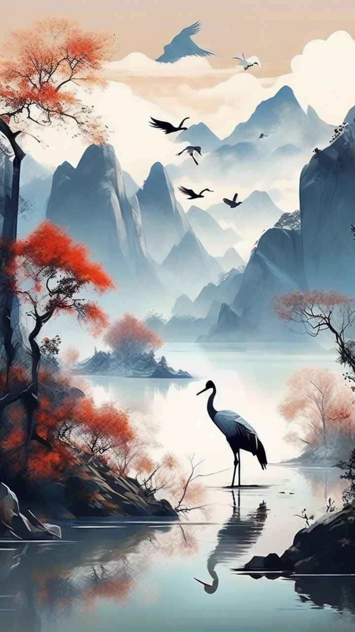 国风鹤山水风景插画 3
