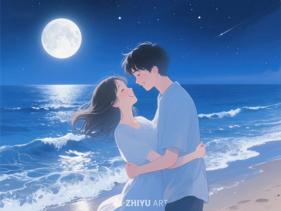 月下情侣海边相拥 1140