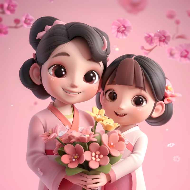 双手捧着鲜花母女粉色背景图 3