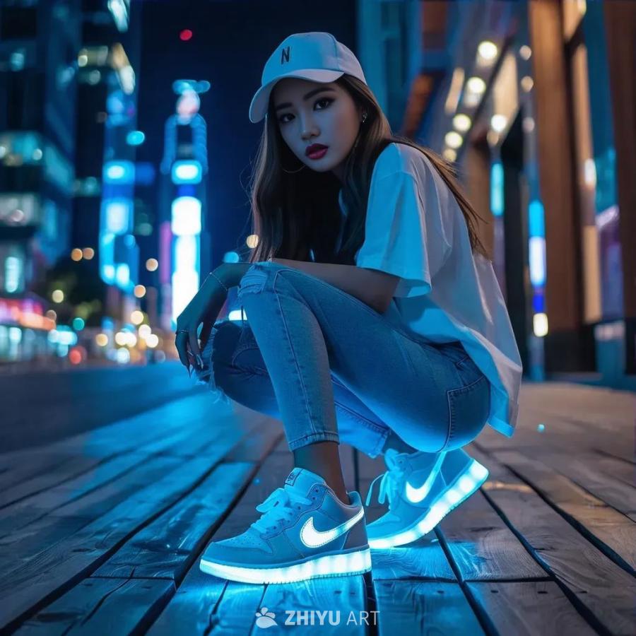 一名女子跪在木地板上，背靠建筑物。她身穿牛仔裤和白