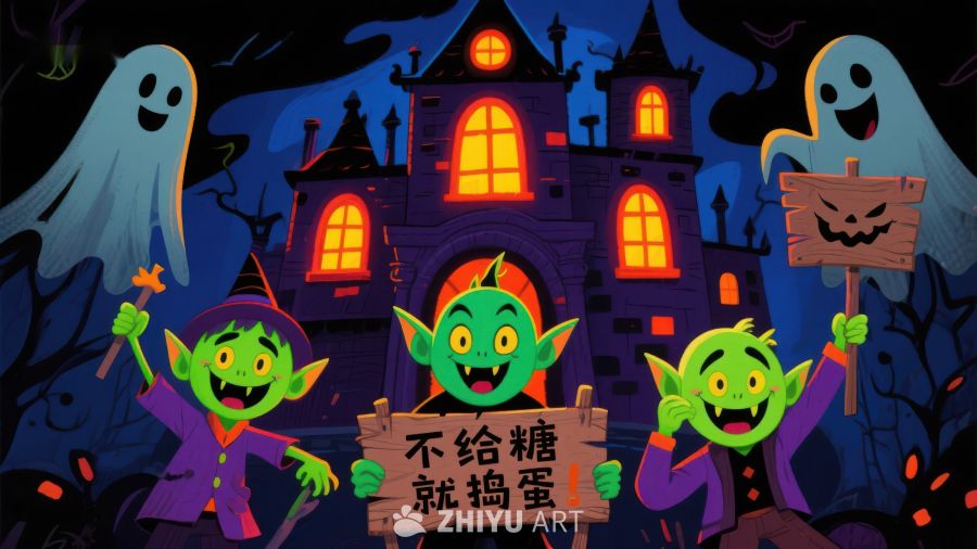 万圣节小鬼讨糖，幽灵环绕古堡