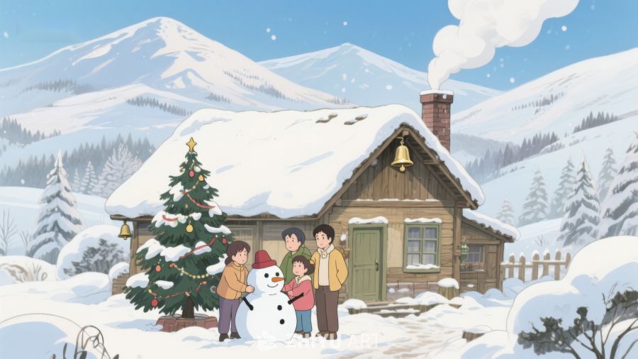 冬日雪景中家庭堆雪人 18