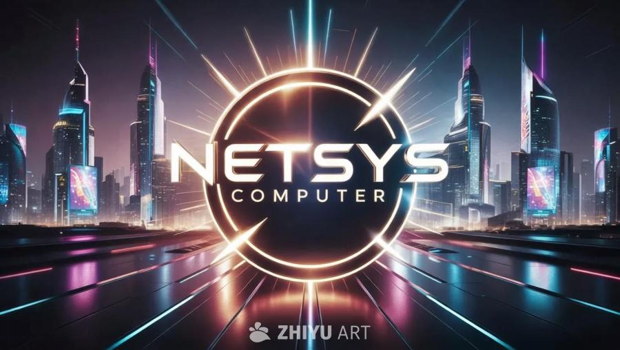 夜幕下，霓虹灯光晕染着“NETSYS COMPUT
