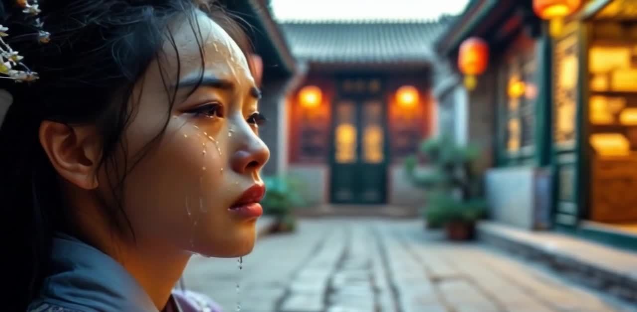 红灯笼下，泪眼婆娑的女子侧脸。