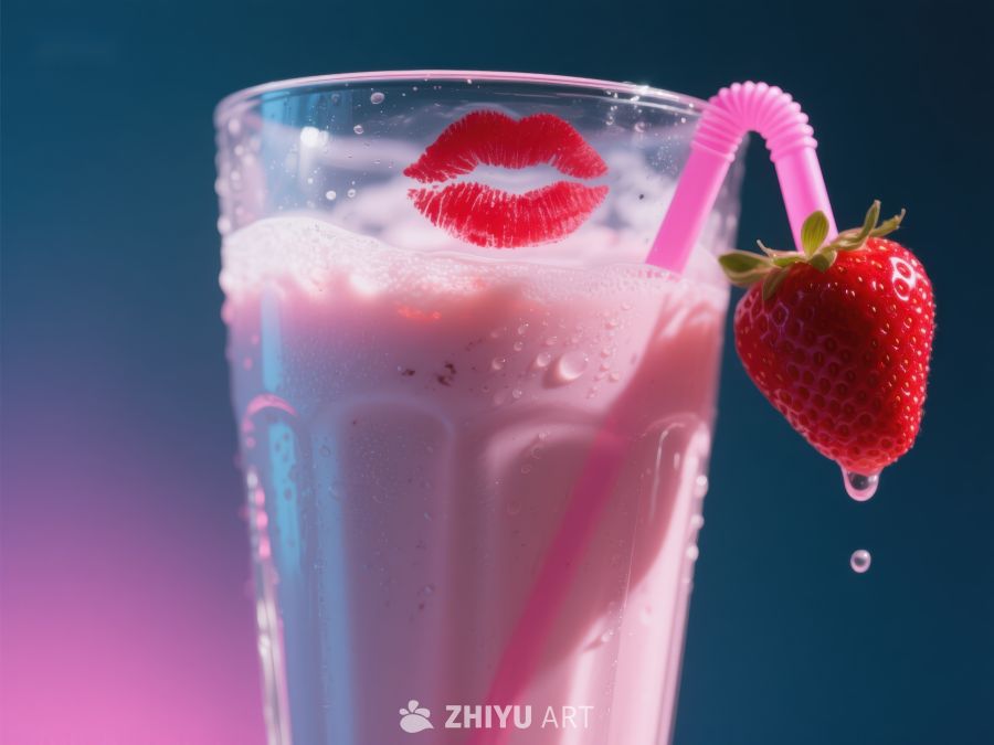 草莓奶昔与唇印装饰