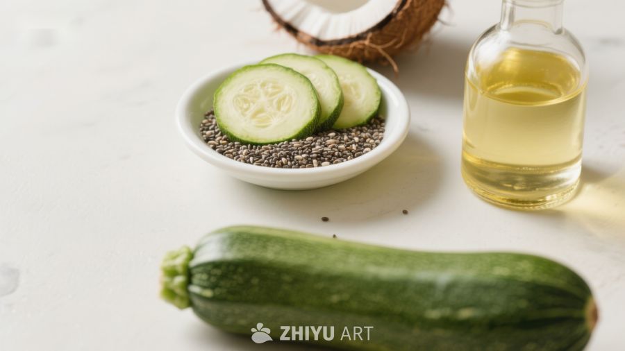 黄瓜、奇亚籽与椰子油的健康食材组合