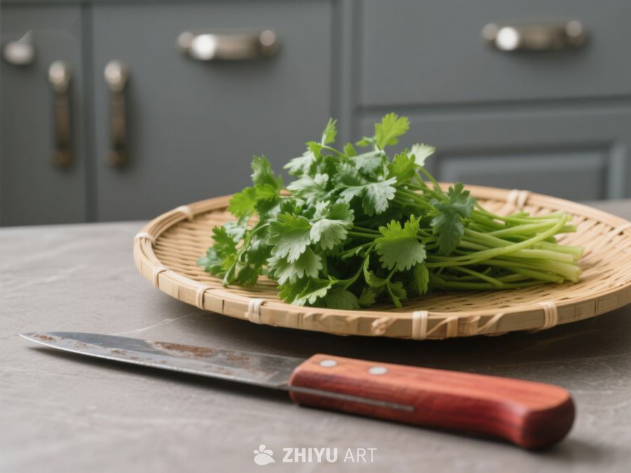 新鲜香菜置于竹篮旁配刀具 546