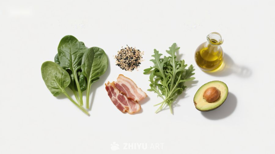 新鲜食材：绿叶蔬菜、培根、橄榄油与牛油果