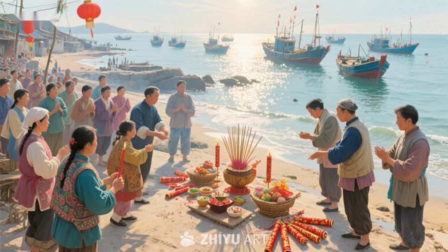 海边祭拜仪式，众人虔诚祈祷 305