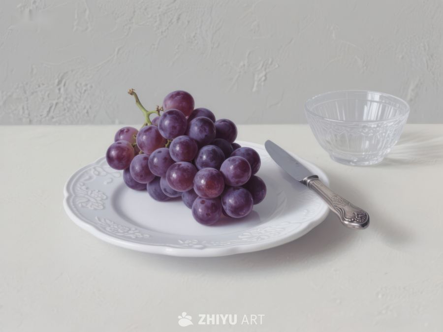 盘中紫葡萄与刀具的静物组合 279