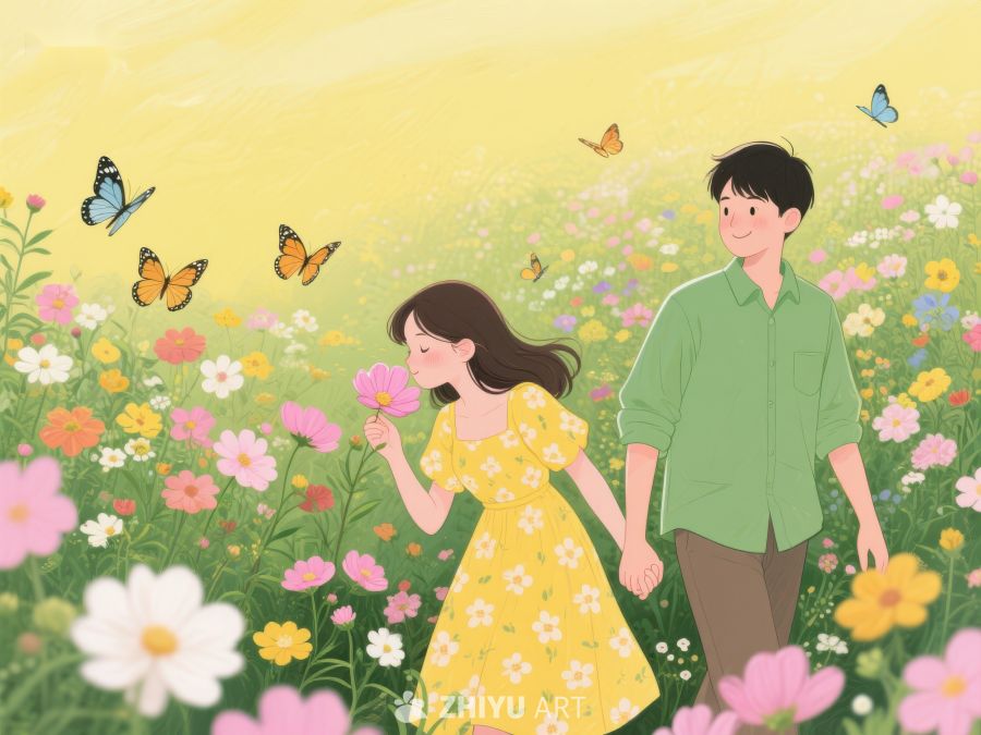 花海漫步的年轻情侣 335