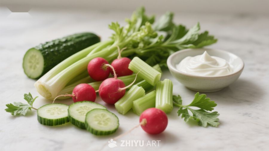 新鲜蔬菜与酸奶酱摆盘