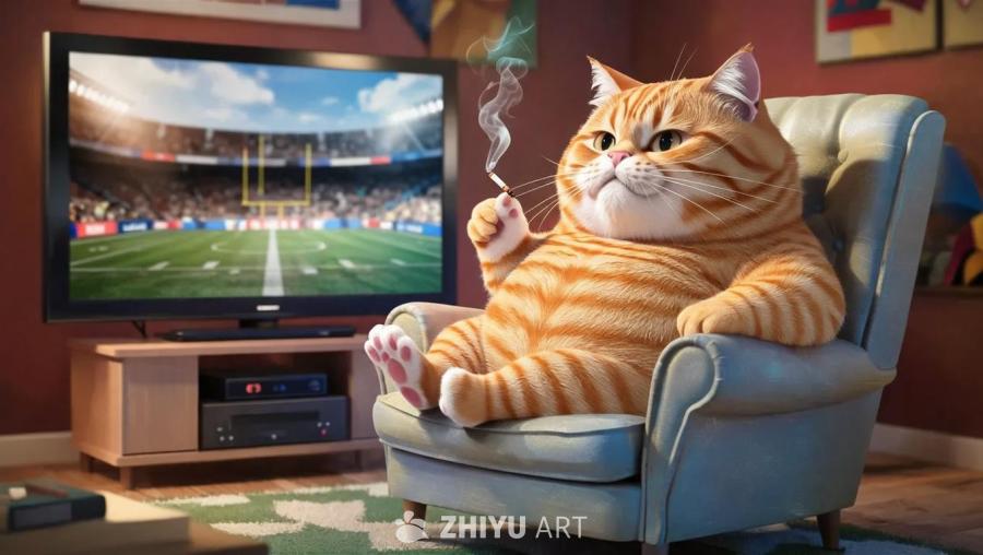 一只体型超重的橘色猫，坐在躺椅上，电视里播放着足球