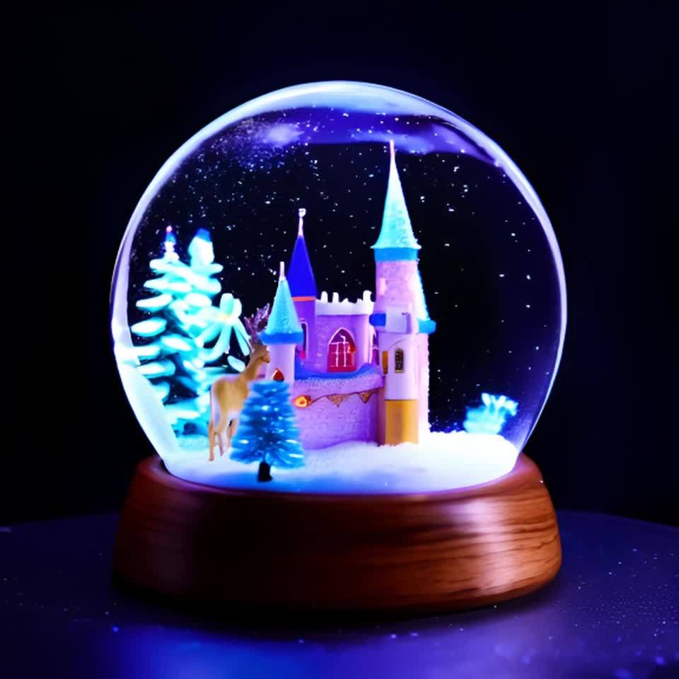 一个圣诞节雪球内，有一个微型世界，里面有荧光花朵和