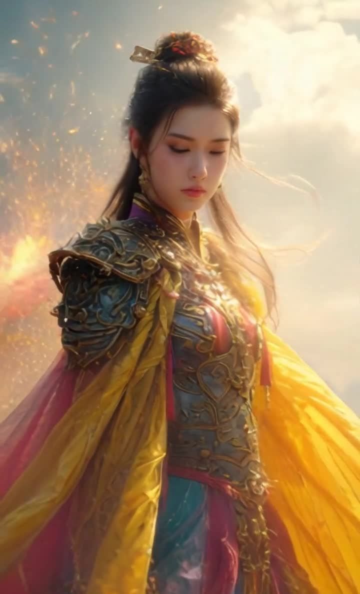 古典铠甲女子立于光芒中，英姿飒爽，目光坚定。