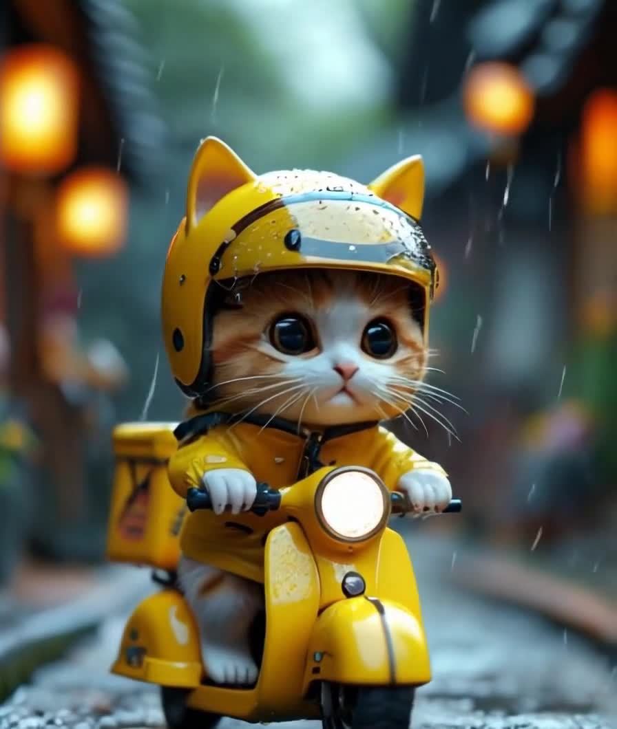 雨中送餐的黄色头盔外套小猫