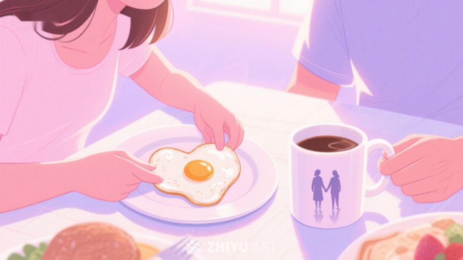 温馨早餐：爱心煎蛋与热饮 484