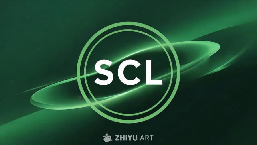 浅绿色字母“SCL”位于画面中央，被一个浅绿色的圆