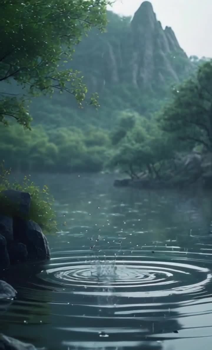 雨雾笼罩的山间湖泊，涟漪荡漾着寂静